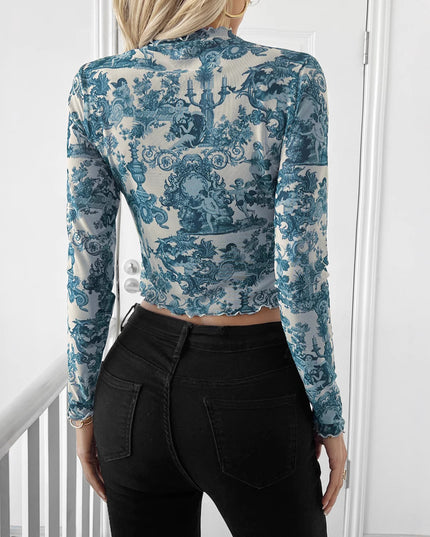 Transparent Blue Printed Long-sleeved Small Stand Collar Mesh Short T-shirt