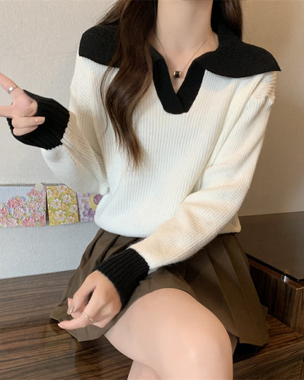 Contrast Color Polo Collar Soft Glutinous Sweater Women's Autumn And Winter