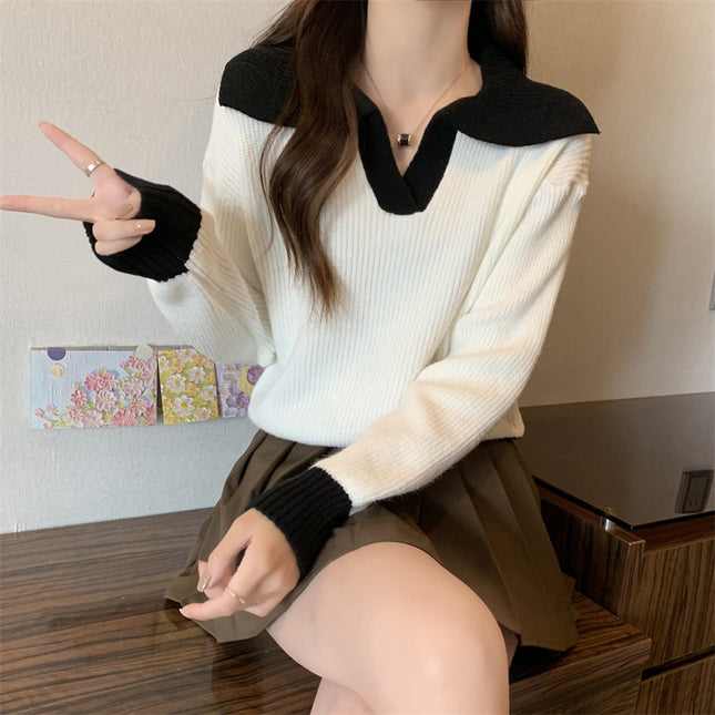 Contrast Color Polo Collar Soft Glutinous Sweater Women's Autumn And Winter