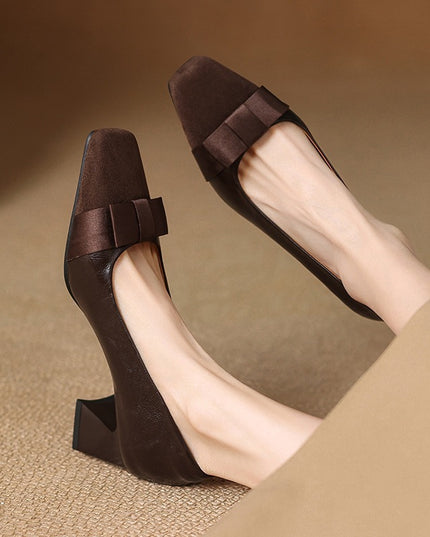 Retro Square Head Stitching Chunky Heel Pumps Women's Spring And Autumn New Bow Low-cut High Heels