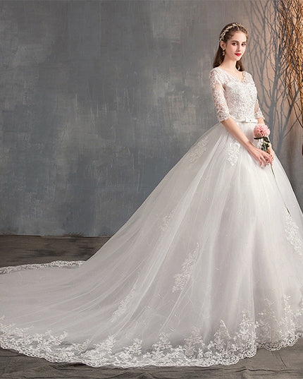 Wedding Dress Trailing Deep V Neck Lace High Waist Wedding Dress Long Sleeves