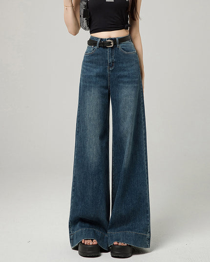 Dark Blue Narrow Version Korean Simple High Waist Loose Small Mop Wide Leg Pants