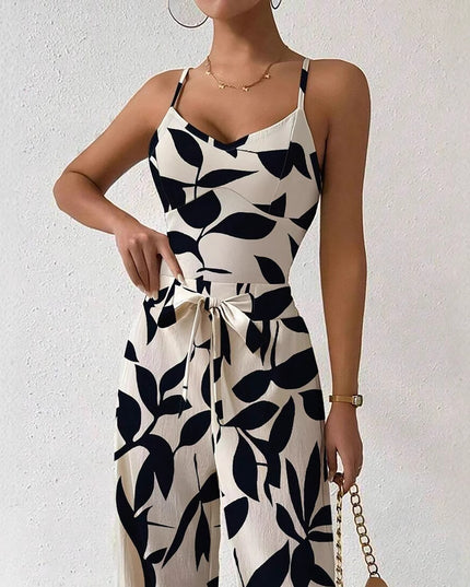 Fashion Floral Print Jumpsuit Elastic Waist Belt Jumpsuit