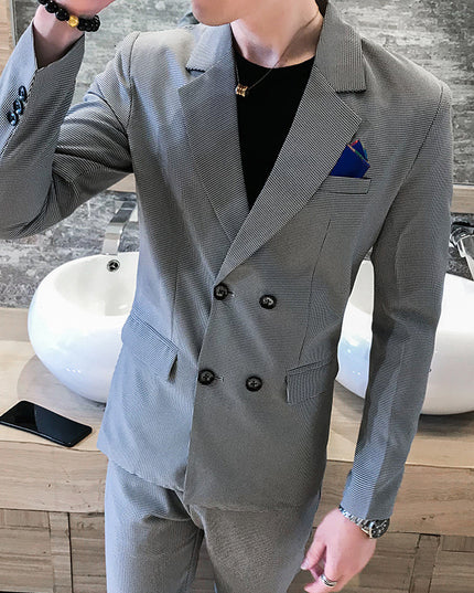 Korean-style Slim-fit Solid Color Double-breasted Two-piece Suit