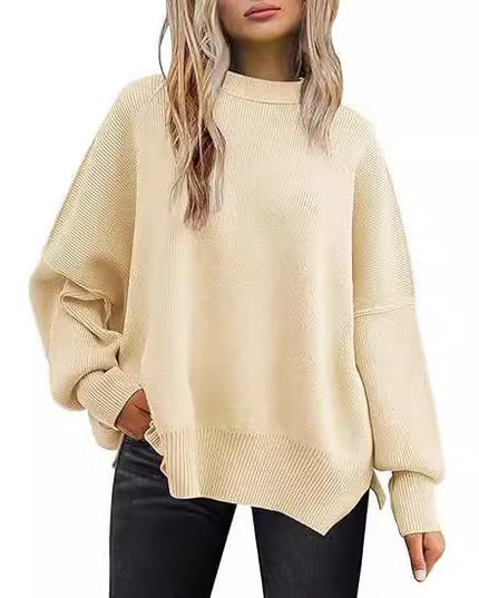 Thick Needle Side Slit Sweater Round Neck Loose Solid Color Batwing Long Sleeve Sweater For Women