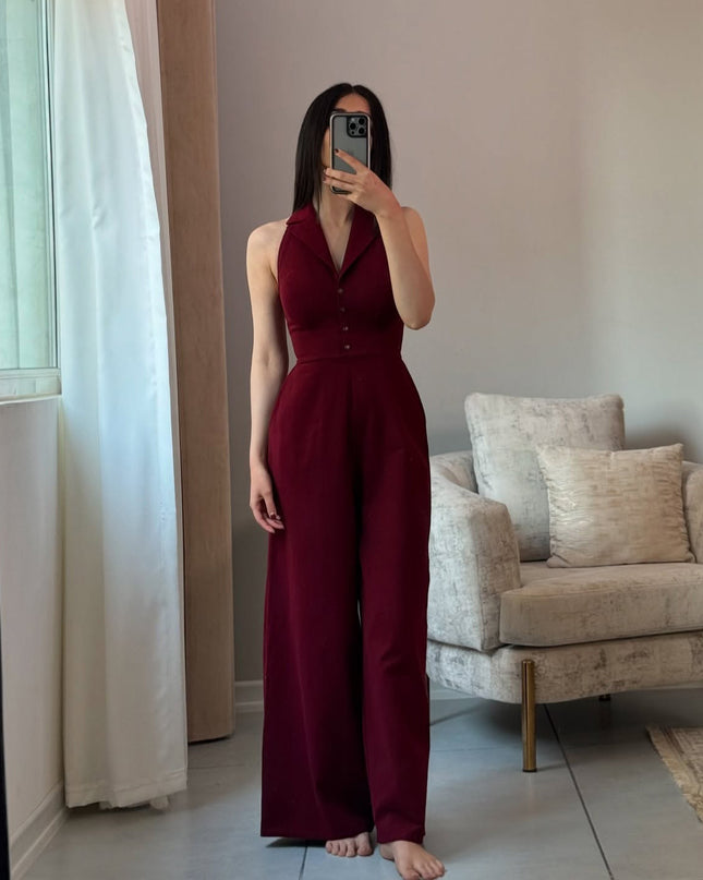 Burgundy Backless Lace-up Sleeveless Jumpsuit