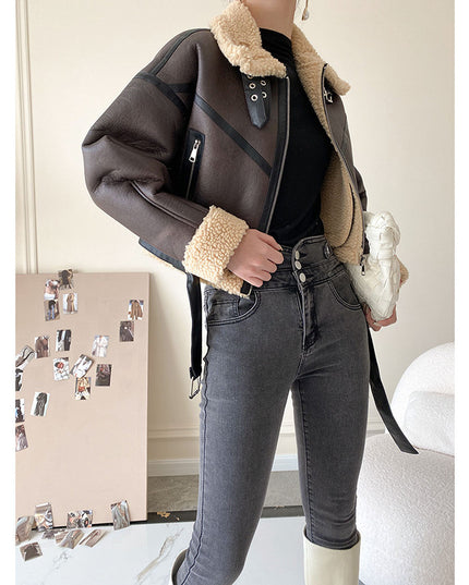 Short PU Lamb Fur Coat Women's Versatile Thickened