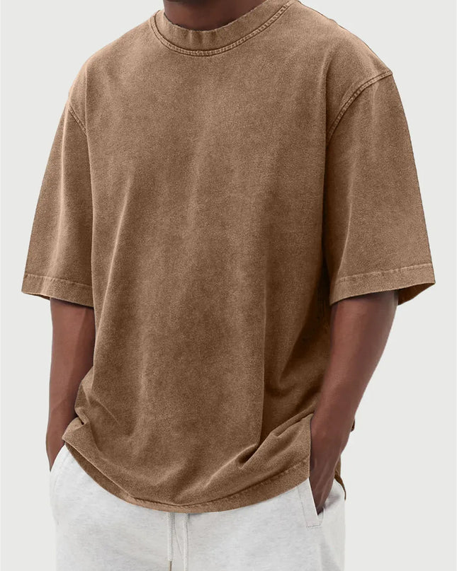 Men's Washed Fried Color Distressed Solid Color Pullover Short T-shirt
