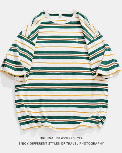 Men's Retro Contrast Color Striped Loose All-match Short Sleeve