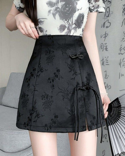 High Waist Slimming New Chinese Style Buckle Jacquard Skirt