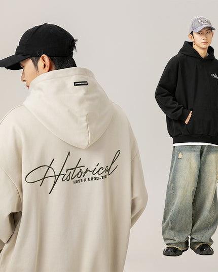 Retro Heavy Hooded Sweater Men's Autumn And Winter High Street American Letter Embroidery