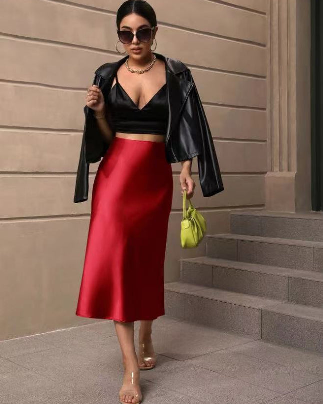 European And American Elegant Style A- Line Satin Skirt