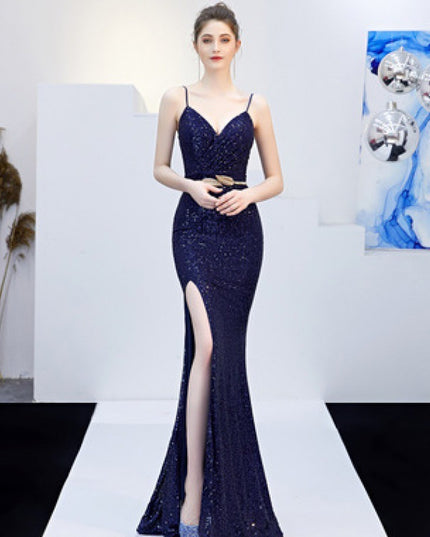 New Banquet Elegant Annual Meeting Long Host Deep V Sexy Fishtail Sequined Dress