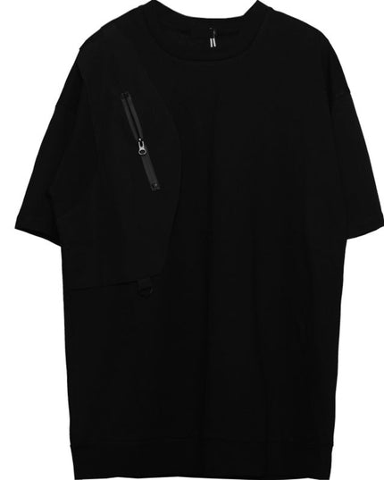 Fashionable Stitching Functional Zipper Short Sleeved T-shirt