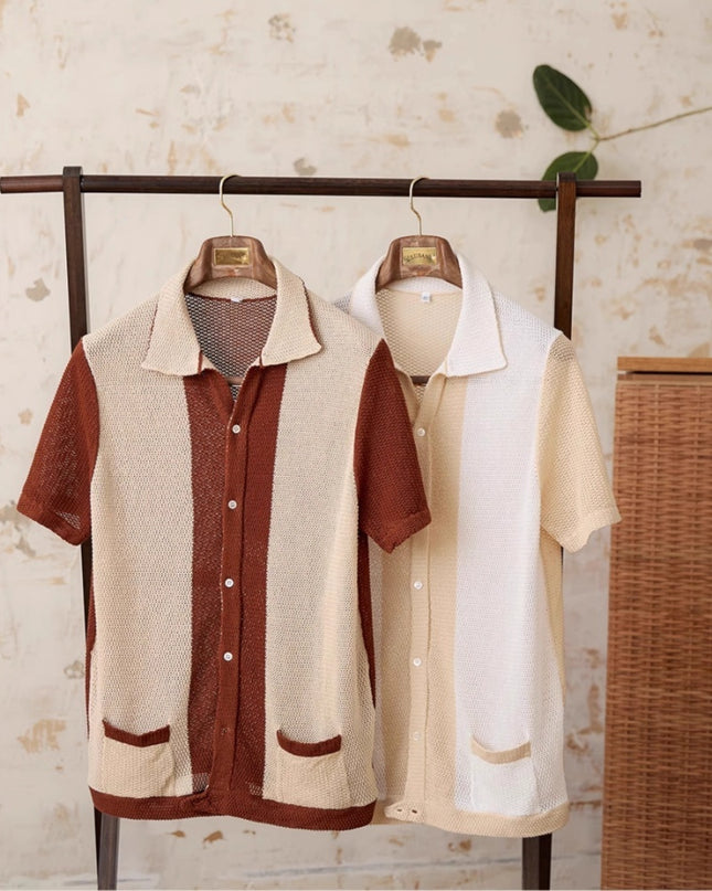 Hollow Cotton And Linen Lapel Short-sleeved Cardigan Knitted Top