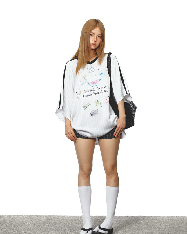 Color Contrast Patchwork Cartoon Printed V-neck T-shirt
