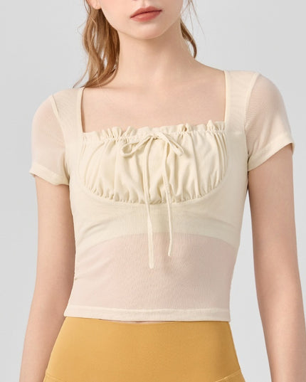 Lace Pleated Yoga Clothing Top Sports Short Sleeve With Chest Pad