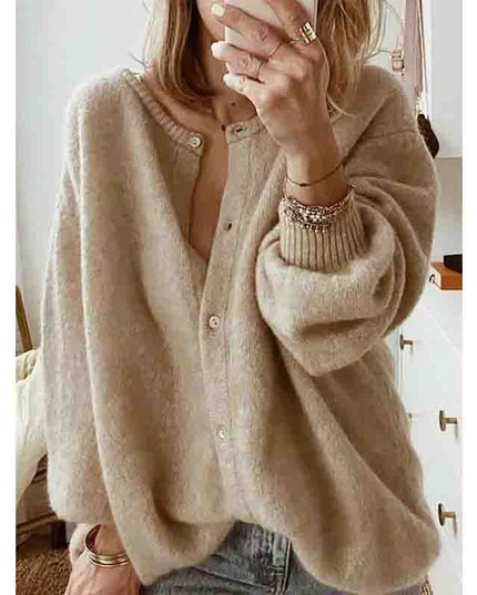 Trendy Women's Long Sleeve Knit Cardigan Sweater With Lantern Sleeves - Plus Size Casual Blouse