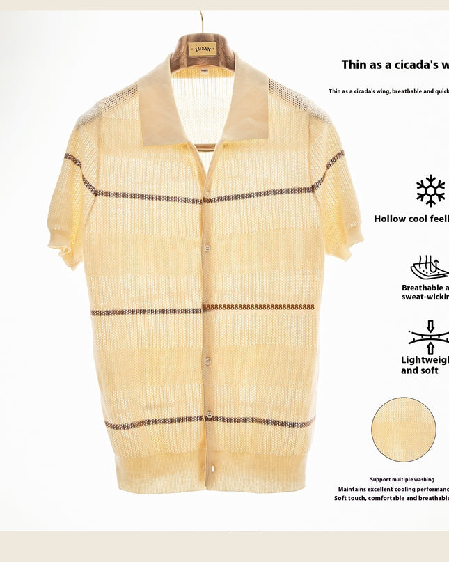 Lapel Casual Fashion Cotton Linen Short Sleeve Knitted Cardigan