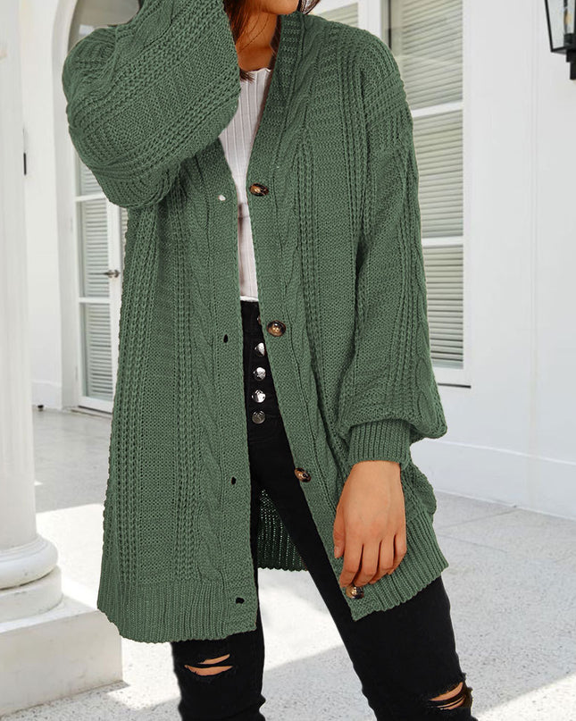 Autumn New Knitted Solid Color Plus Size Cardigan V-neck Twist Lantern Sleeve Coat For Women