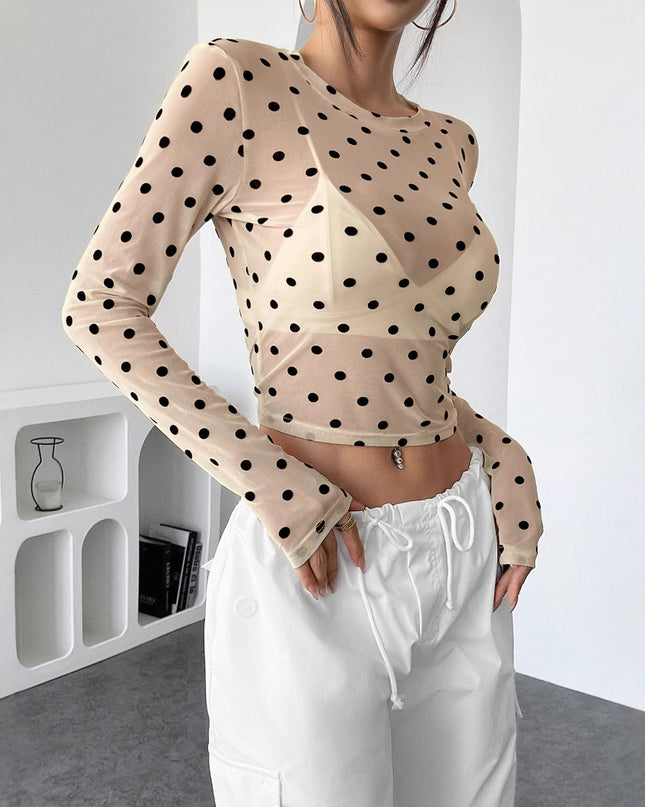 Design Sense See-through Dot Slim Mesh Round Neck Long Sleeve T-shirt
