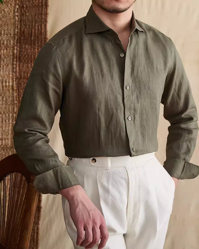 Men's Cotton Linen Casual Solid Color Long Sleeve Shirt