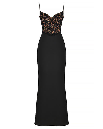 Lace High Waist Long Dress Deep V Strap Fishtail Gown