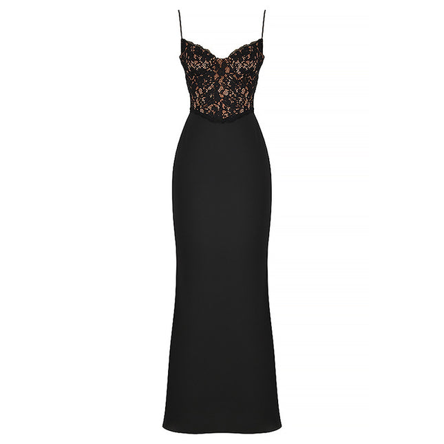 Lace High Waist Long Dress Deep V Strap Fishtail Gown