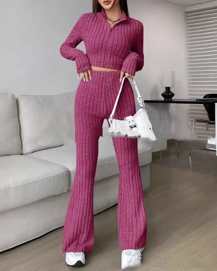 Solid Color Knitted Long Sleeve Turtlenecks Wide Leg High Waist Trousers Suit
