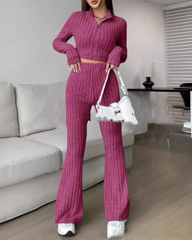 Solid Color Knitted Long Sleeve Turtlenecks Wide Leg High Waist Trousers Suit