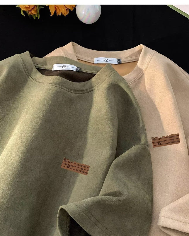 Retro Men's Suede Loose Half Sleeve T-shirt Teenagers Pop Top