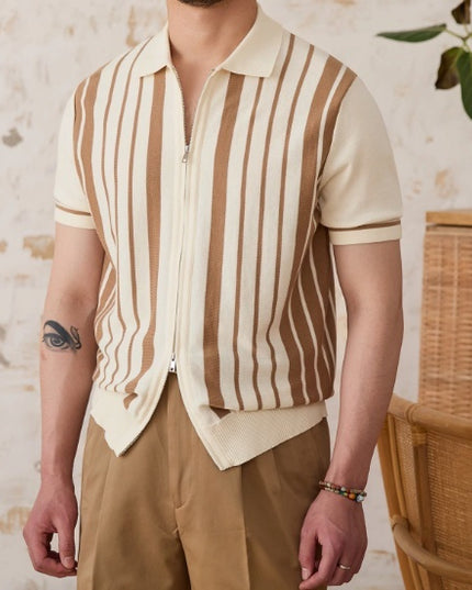 Vintage Stripe Cotton Knitted Short-sleeved Cardigan