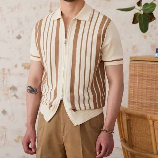 Vintage Stripe Cotton Knitted Short-sleeved Cardigan