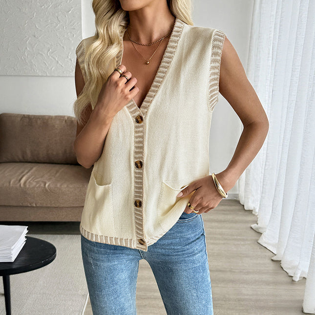 Classic Style Contrast Color Sleeveless Cardigan Knitted Vest Top For Women