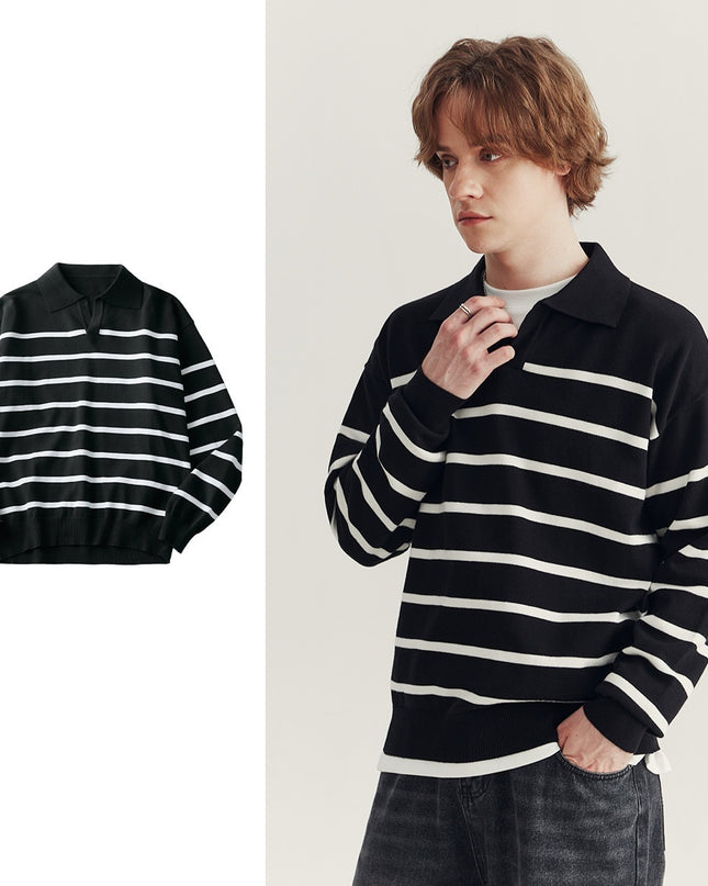 High-grade Loose Contrast Color Striped Sweater Long Sleeve Inner Wear Sweater For Men