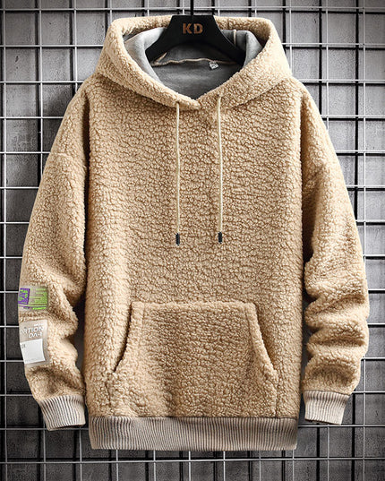 Men's Hooded Drawstring Pocket Lamb Wool Sweatshirt Velvet Padded Thickened Coat