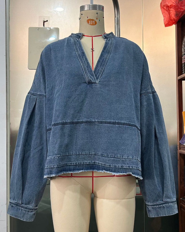 New V-neck Long Sleeve Loose Stitching Denim Long Sleeve Loose All-matching Top