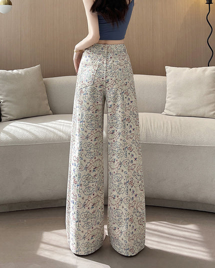 Small Fish Graffiti Pattern Straight Wide Leg High Waist Casual Trousers