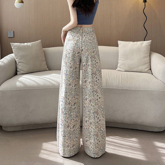 Small Fish Graffiti Pattern Straight Wide Leg High Waist Casual Trousers