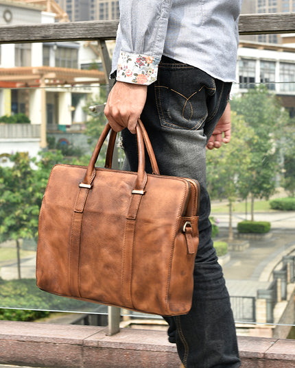 Vintage Vegetable-Tanned Leather Men’s Handbag | First Layer Cowhide Business & Casual Bag
