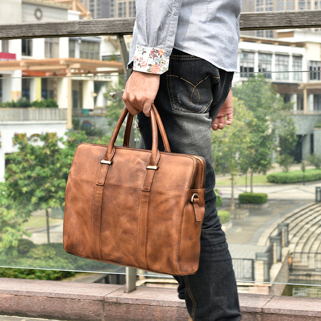 Vintage Vegetable-Tanned Leather Men’s Handbag | First Layer Cowhide Business & Casual Bag