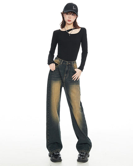 American Style Nostalgic Blue Wide Leg Jeans For Women