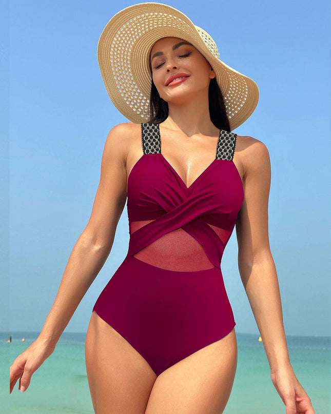 One-piece Swimsuit Women's Pure Color Mesh Bikini Swimsuit