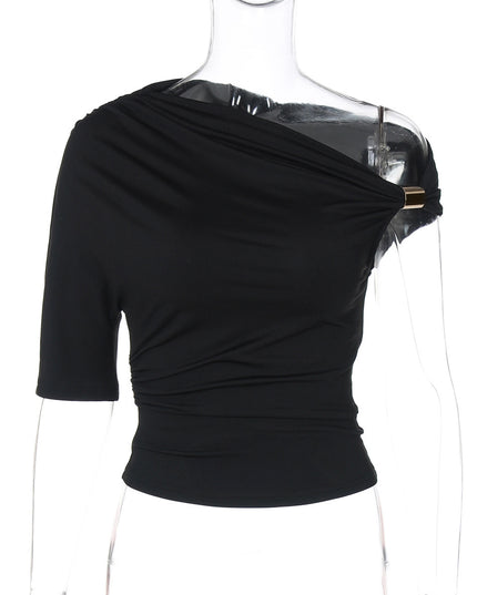 Asymmetric Pleated Crop-top Tight-fitting T-shirt
