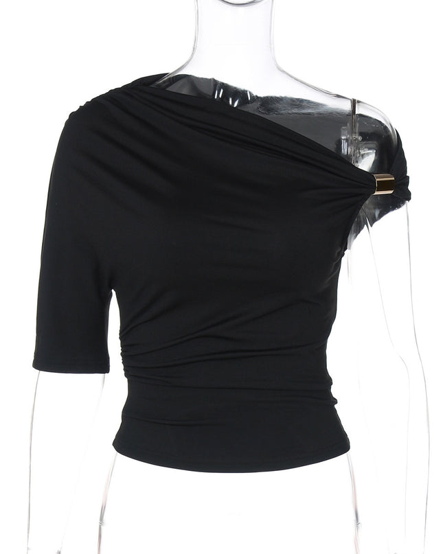 Asymmetric Pleated Crop-top Tight-fitting T-shirt