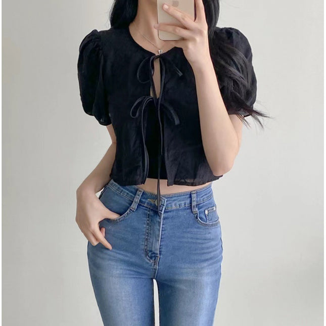 Chic Lace-up Crocheted Short-sleeved Blouse Shirt