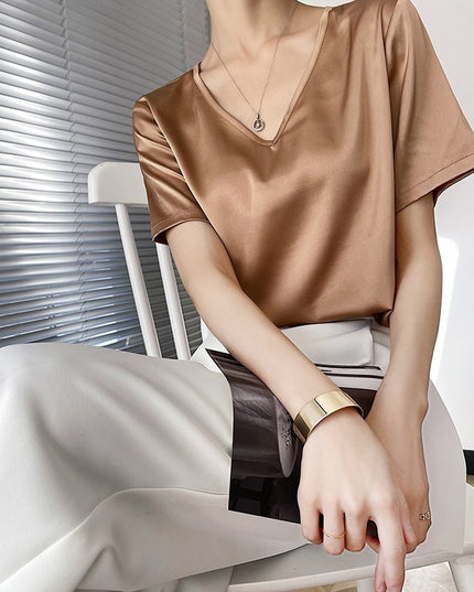 Short Sleeve Loose V-neck Satin Bottoming Solid Color Inner Wear Suit Top