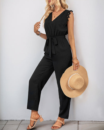 Stitching Lace V-neck Sleeveless Backless Jumpsuit