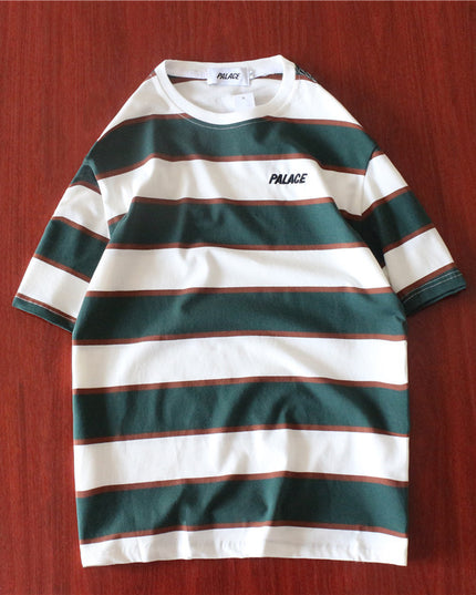 Striped colorblock embroidered letter T-shirt