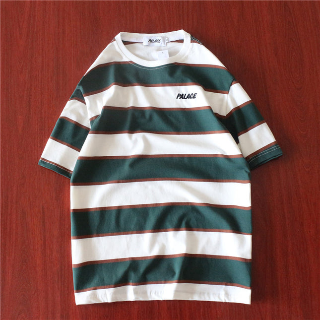 Striped colorblock embroidered letter T-shirt